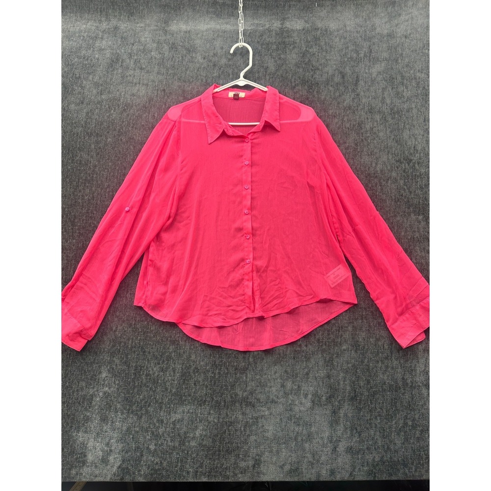 Lei Life Energy Intelligence Top Womens‎ XL Pink Sheer Roll Tab Sleeve Button Up